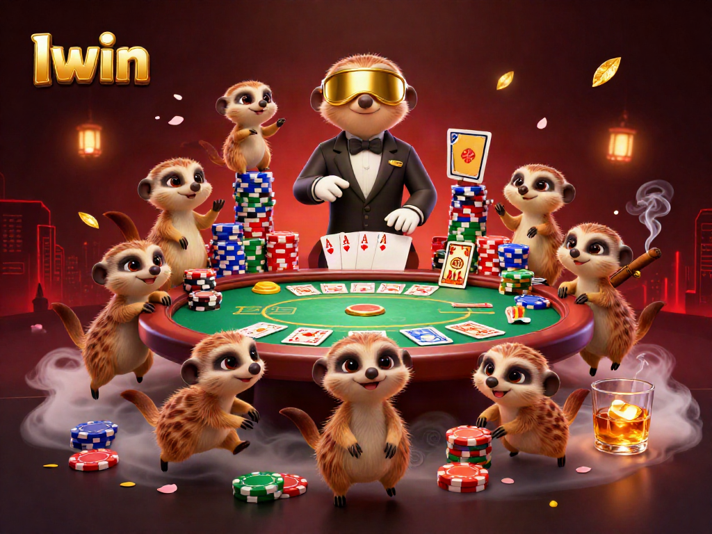 Iwin meerkats run a vibrant casino scene, engaging players with poker and colorful stacks.