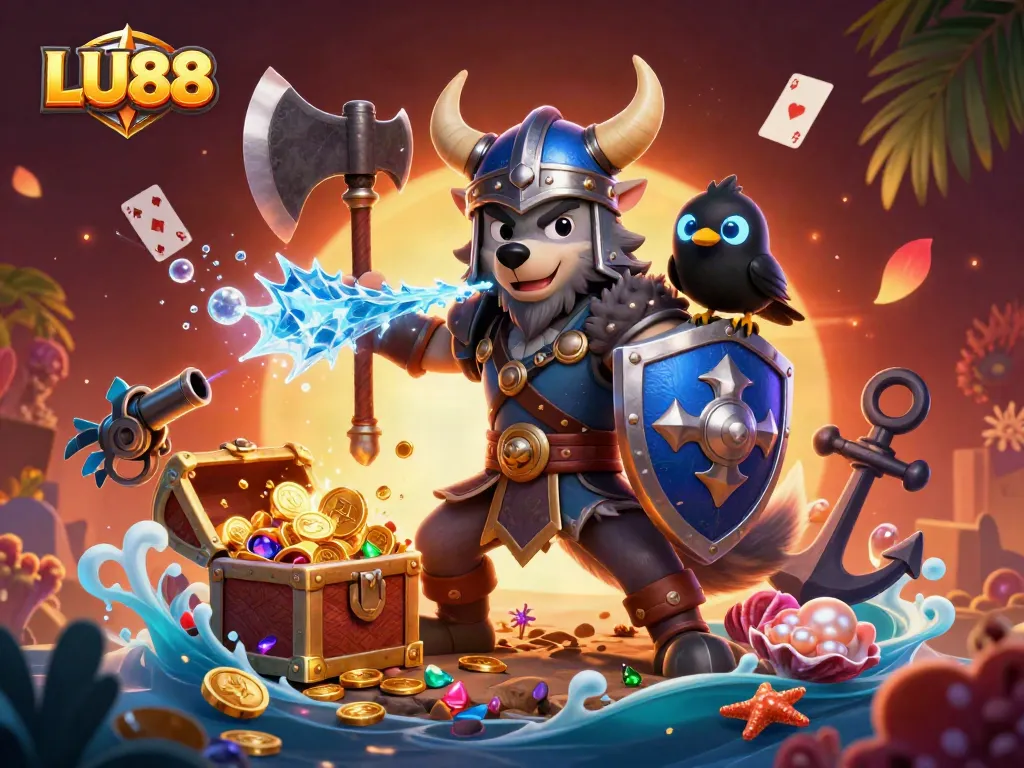 Experience thrilling wins at LU88 with a dynamic 3D casino illustration featuring a Viking warrior, dragon, and gold coins.