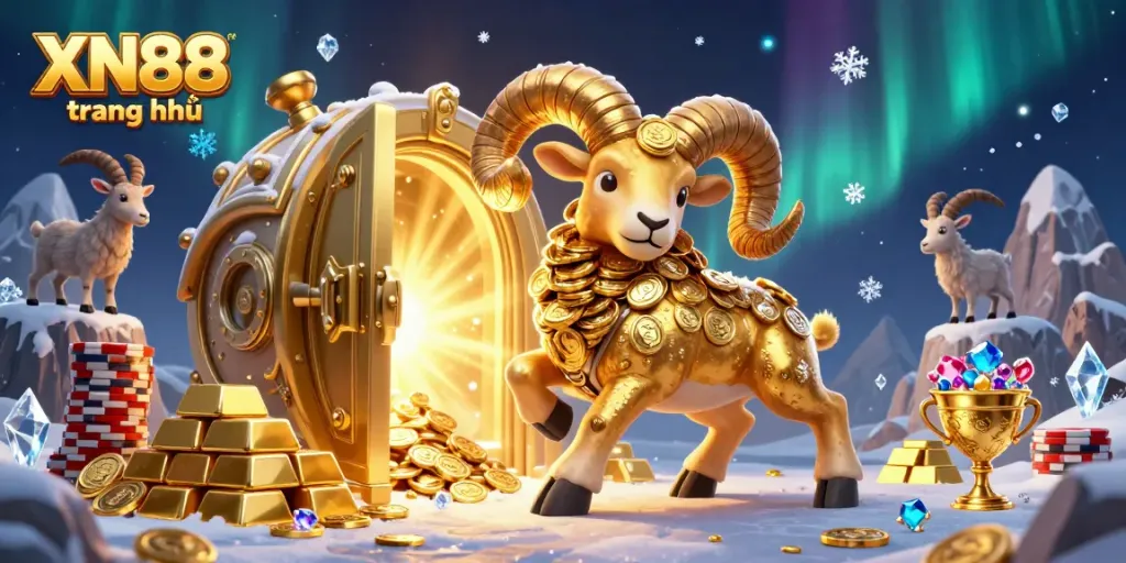 Experience thrilling deployments at XN88 trang chủ with a dynamic 3D scene of a charging golden ram among treasure.