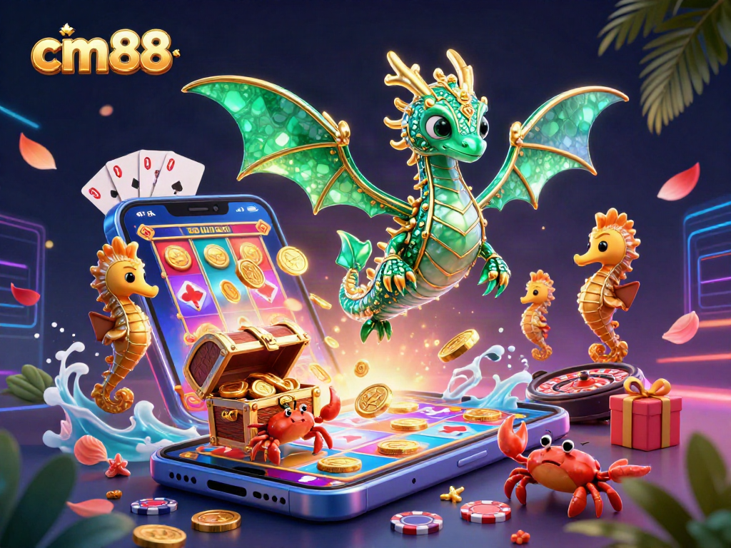 Experience the excitement of cm88 games with a dynamic 3D sea dragon and vibrant casino elements.