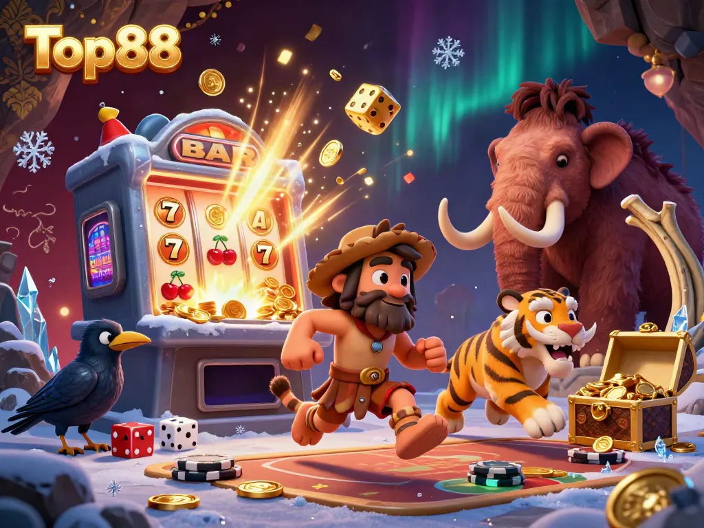 Experience the excitement of Top88 with a vibrant prehistoric casino scene featuring iconic game elements.