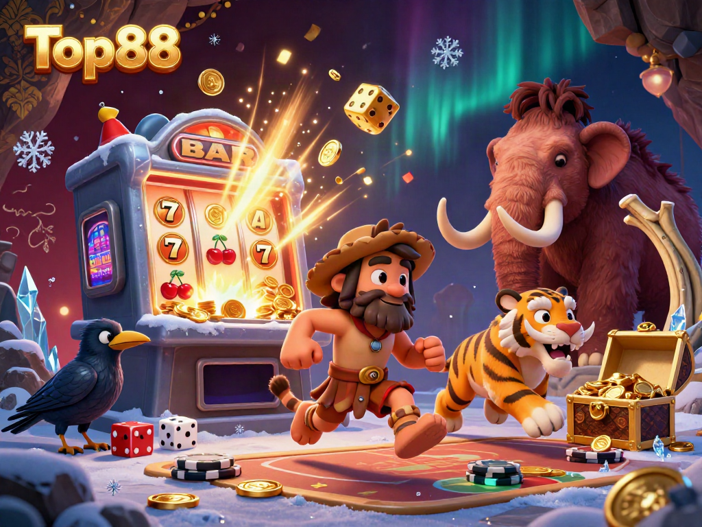Experience the excitement of Top88 with a vibrant prehistoric casino scene featuring iconic game elements.