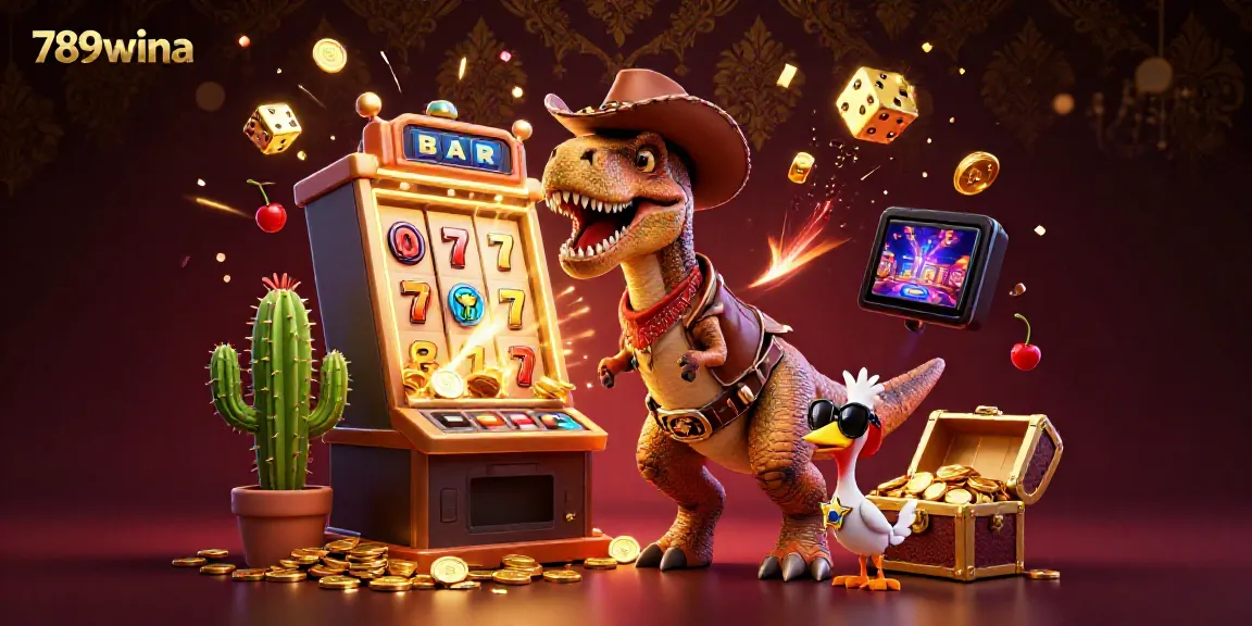 Engage with thrilling moments at 789wina as a cowboy T-Rex and friends win big at the slot machines.