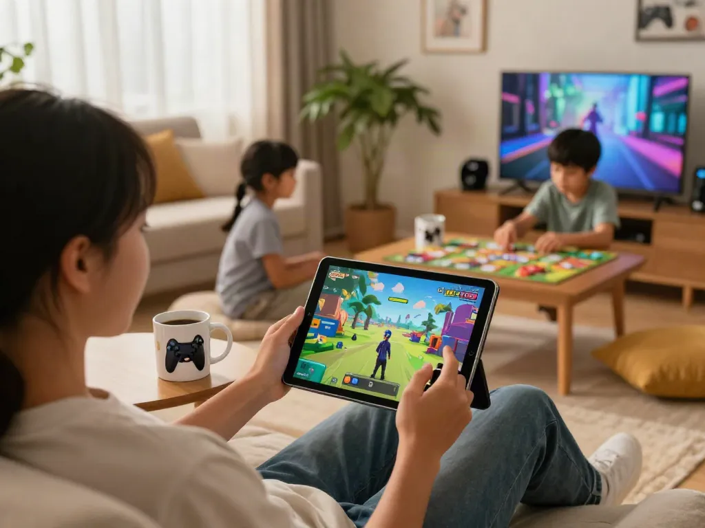 Enjoying gamified entertainment on garuda404 in cozy home setting with engaging family interactions.