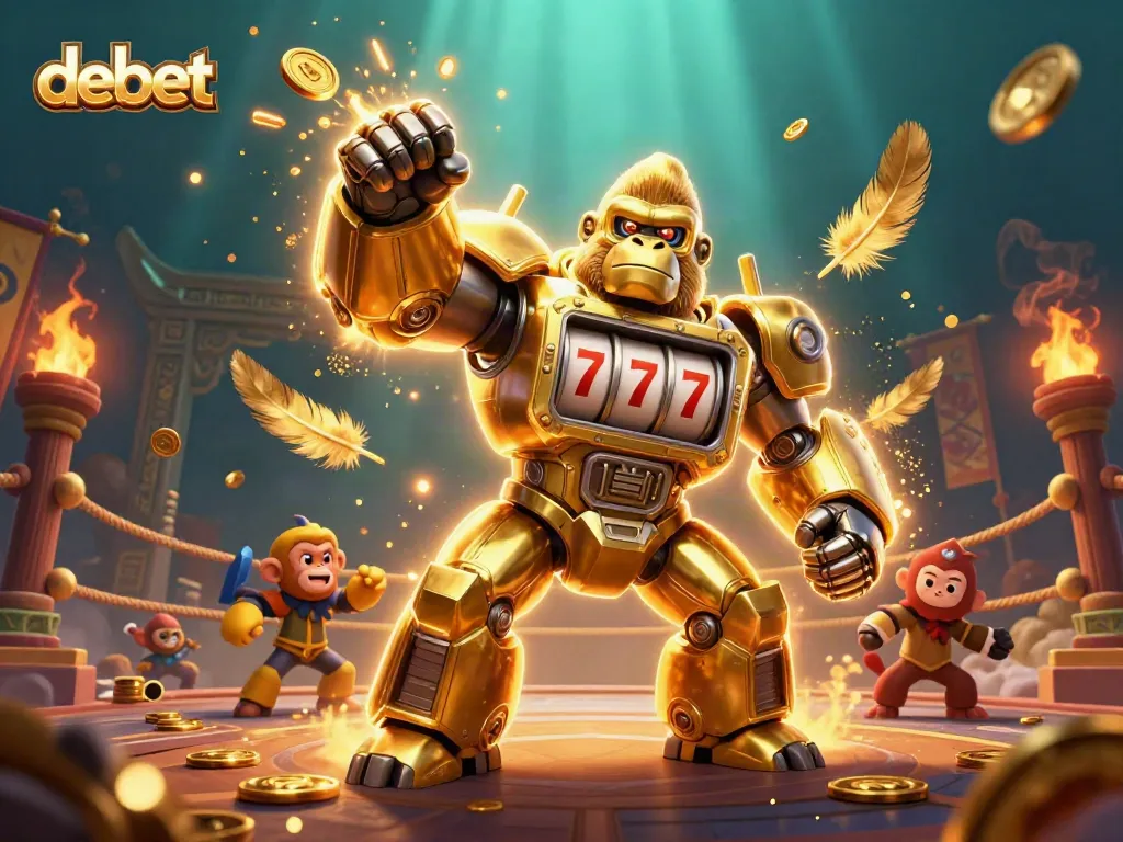 Experience debet with a vibrant illustration of a golden gorilla mech and gambling elements.
