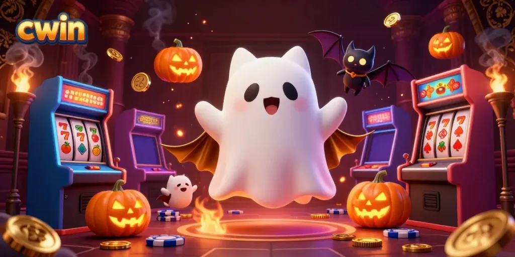 cwin's ghost cat and bat companion bring luck in a vibrant haunted casino.