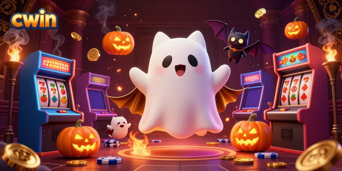 cwin's ghost cat and bat companion bring luck in a vibrant haunted casino.