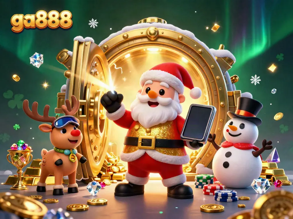 Spin the reels and win with ga888 in this vibrant 3D casino scene featuring Santa and friends.
