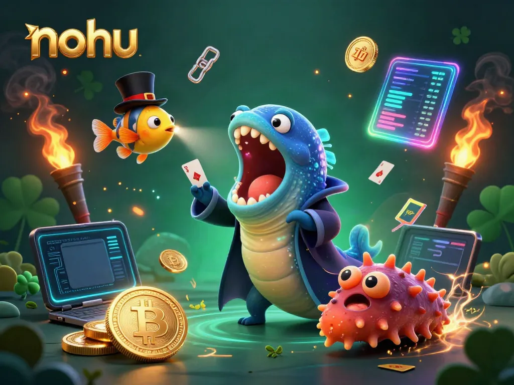 Play thrilling games at nohu with a magical underwater scene featuring vibrant characters and gambling icons.