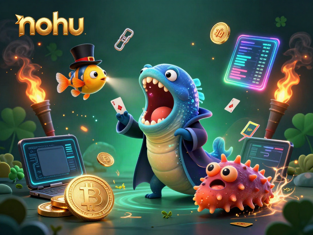 Play thrilling games at nohu with a magical underwater scene featuring vibrant characters and gambling icons.