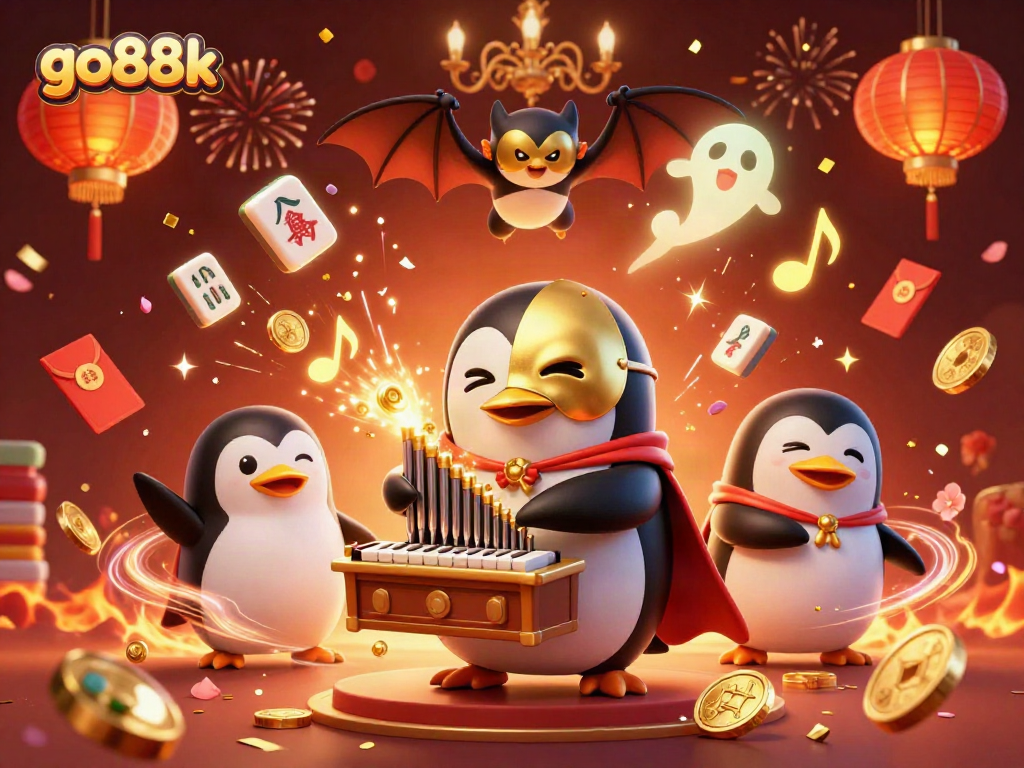Experience the excitement of go88k with a vibrant casino scene featuring a gold coin-spouting penguin.