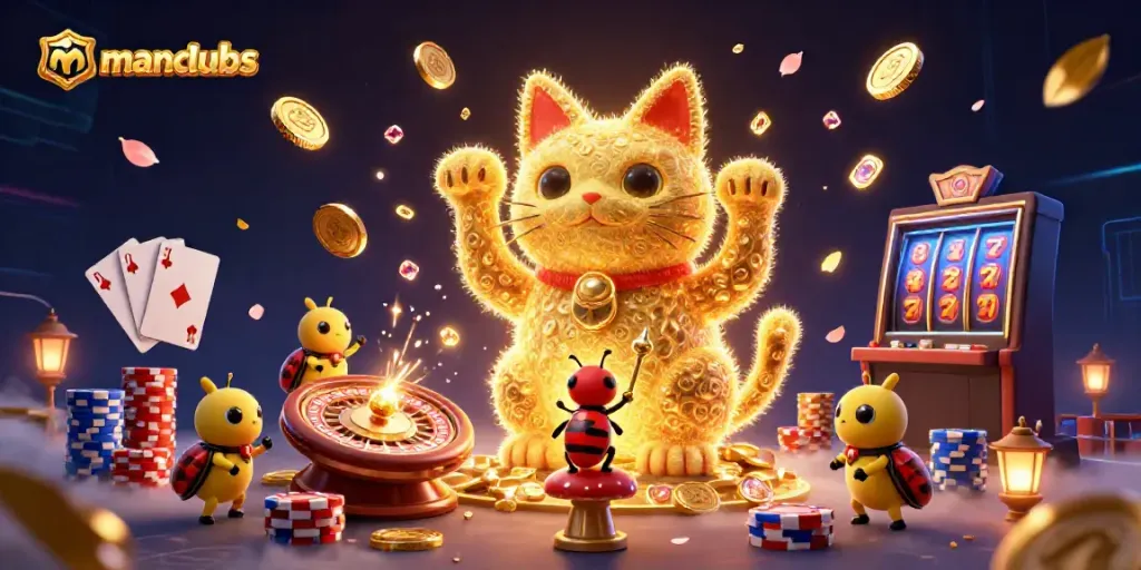 Experience thrilling gameplay with manclubs, featuring a lucky cat and vibrant casino elements.