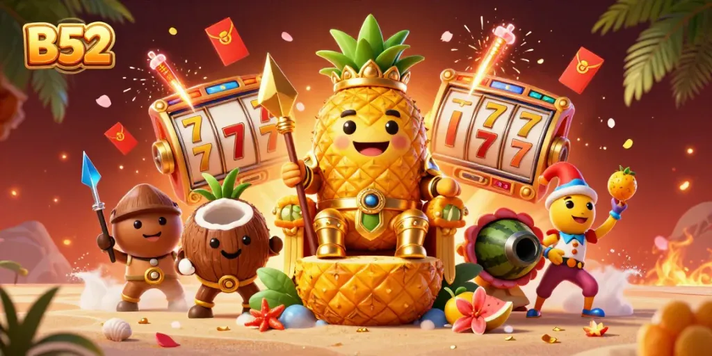 Experience B52 with a golden pineapple king in a vibrant beach casino filled with lucky symbols and lively elements.