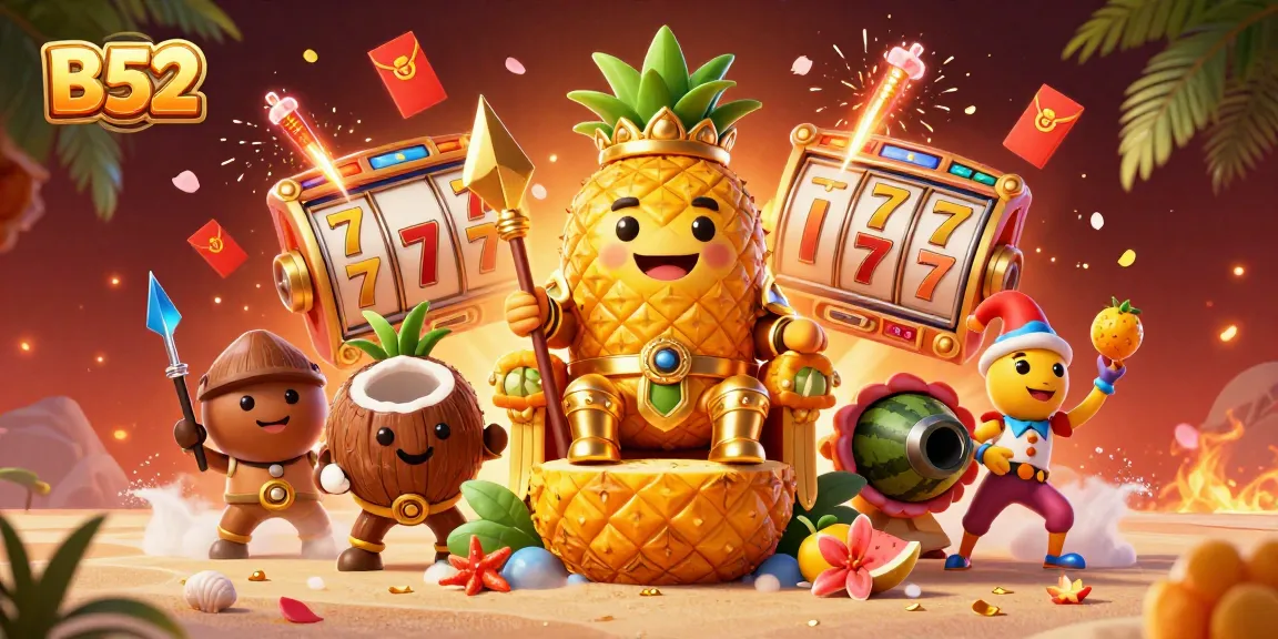 Experience B52 with a golden pineapple king in a vibrant beach casino filled with lucky symbols and lively elements.