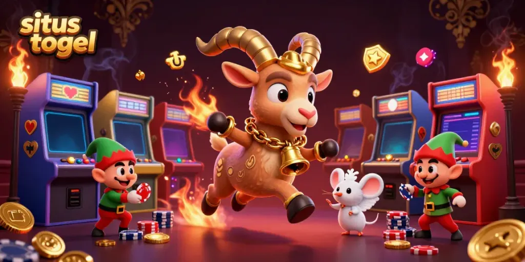 Engage with situs togel in a festive casino scene where a Krampus goat oversees mischievous gremlins.