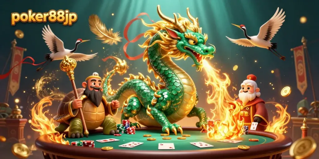 Experience the excitement of poker88jp with a jade dragon and vibrant casino atmosphere