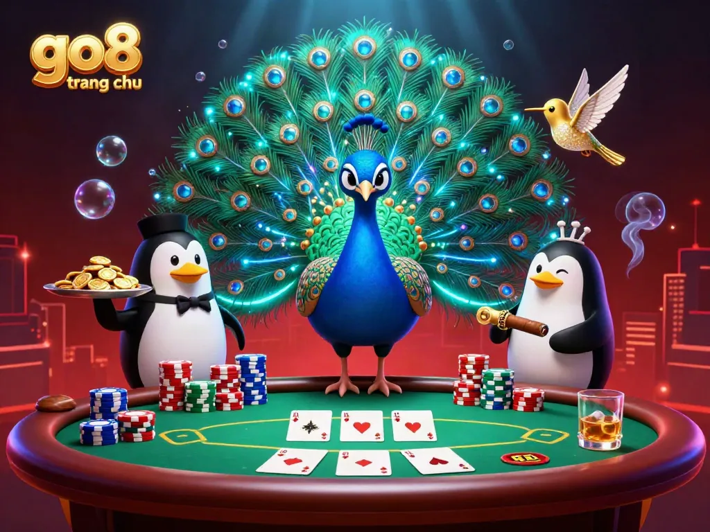 Experience the vibrant gaming action at go8 trang chủ with a dynamic poker scene featuring colorful chips and lively characters.