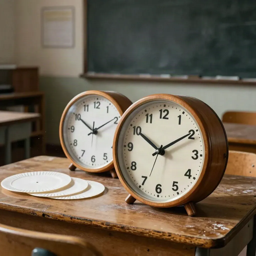 Dwa drewniane zegary edukacyjne i rozłożone krążki ćwiczeń na szkolnym stole