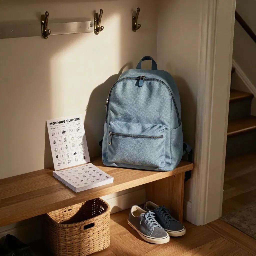 Plan porannej rutyny: plecak, karty i buty przy ławce w przedpokoju o świcie.