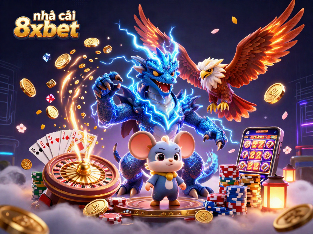 Engage with nhà cái 8xbet featuring a dynamic illustration of a thunder dragon and casino elements.