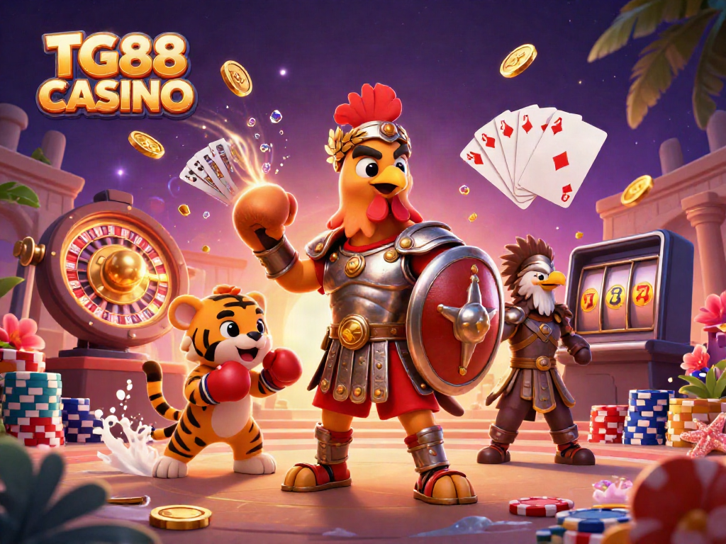 Experience excitement at TG88 CASINO with a lively 3D scene depicting thrilling games and characters.
