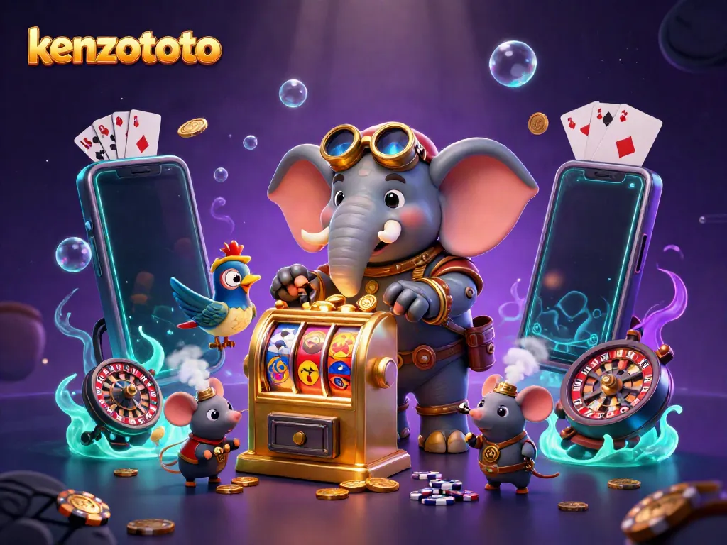 Engage with kenzototo's thrilling slots experience featuring a vibrant steampunk scene and colorful gaming elements.
