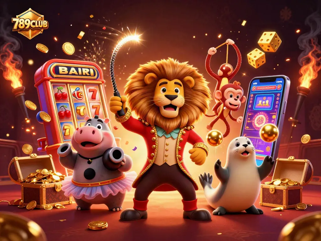 Engage with 789CLUB as the circus characters celebrate winning moments in a vibrant casino scene.