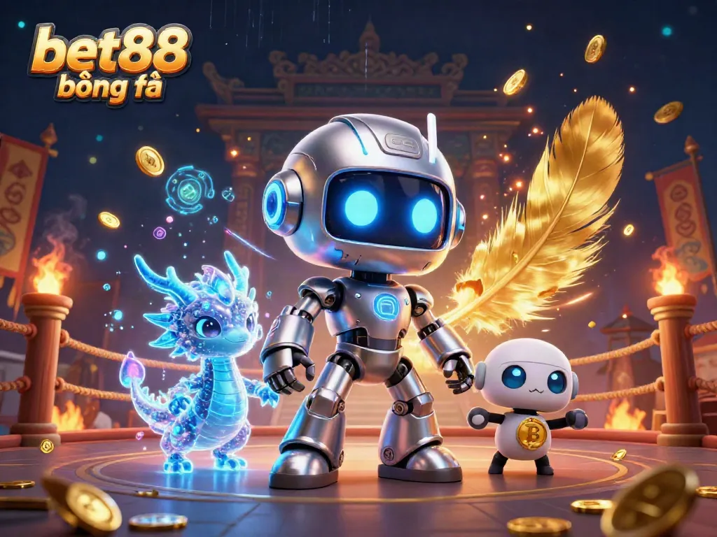 Engaging scene of bet88 bóng đá featuring a cyberpunk robot mascot, AI dragon, and bitcoin drone in a vibrant arena