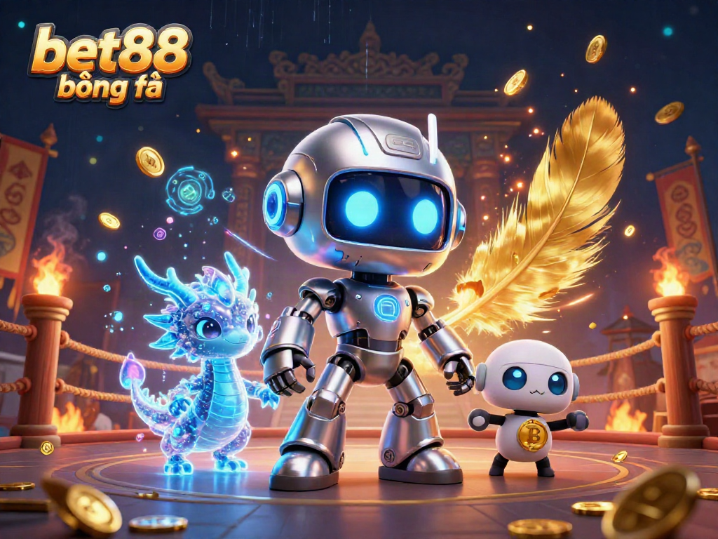 Engaging scene of bet88 bóng đá featuring a cyberpunk robot mascot, AI dragon, and bitcoin drone in a vibrant arena