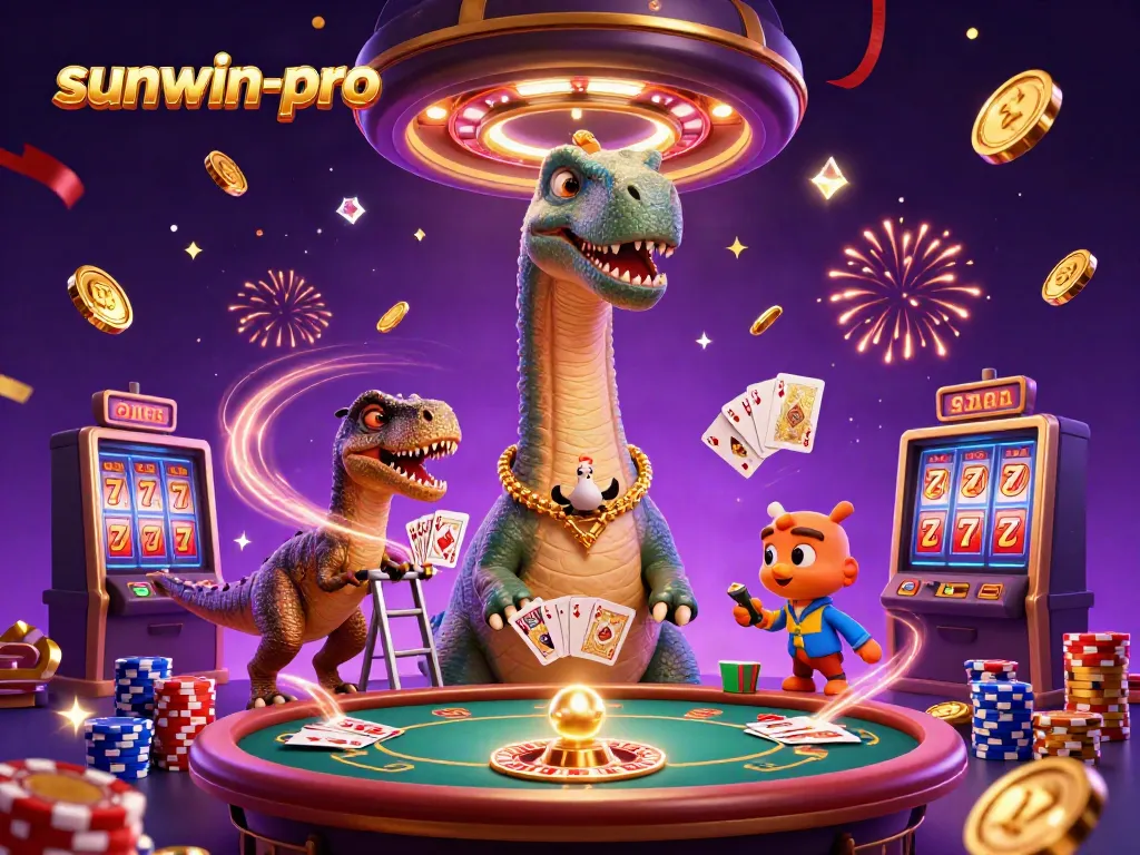 Experience excitement with sunwin-pro as a 3D cartoon dinosaur oversees a vibrant casino scene.