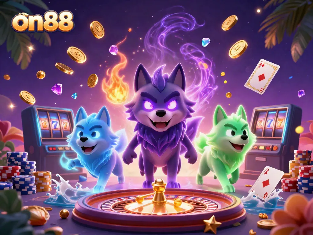 Experience thrilling gaming with on88, showcasing animated wolf characters and vibrant casino elements.