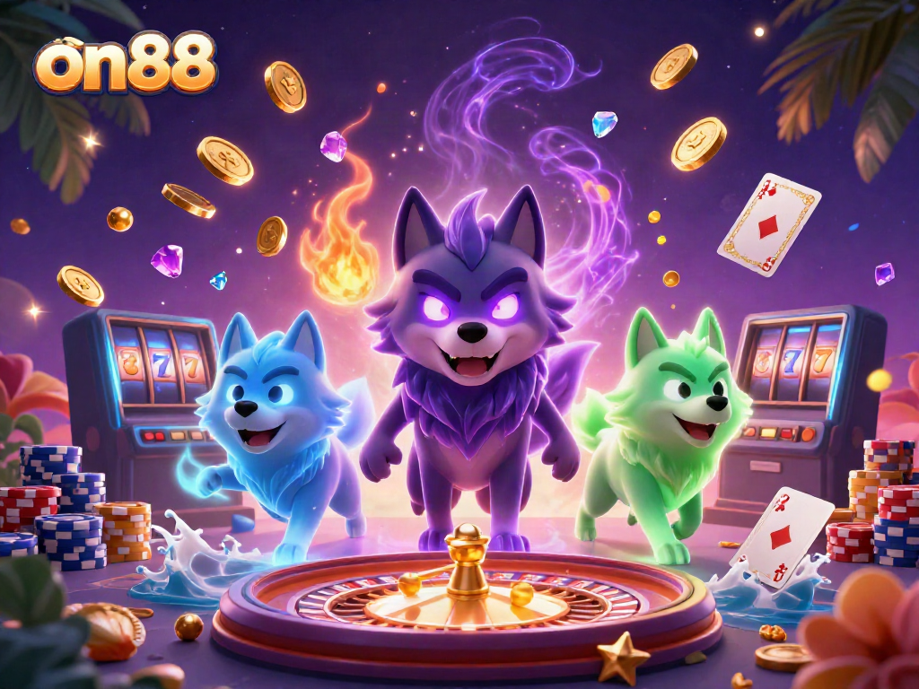 Experience thrilling gaming with on88, showcasing animated wolf characters and vibrant casino elements.