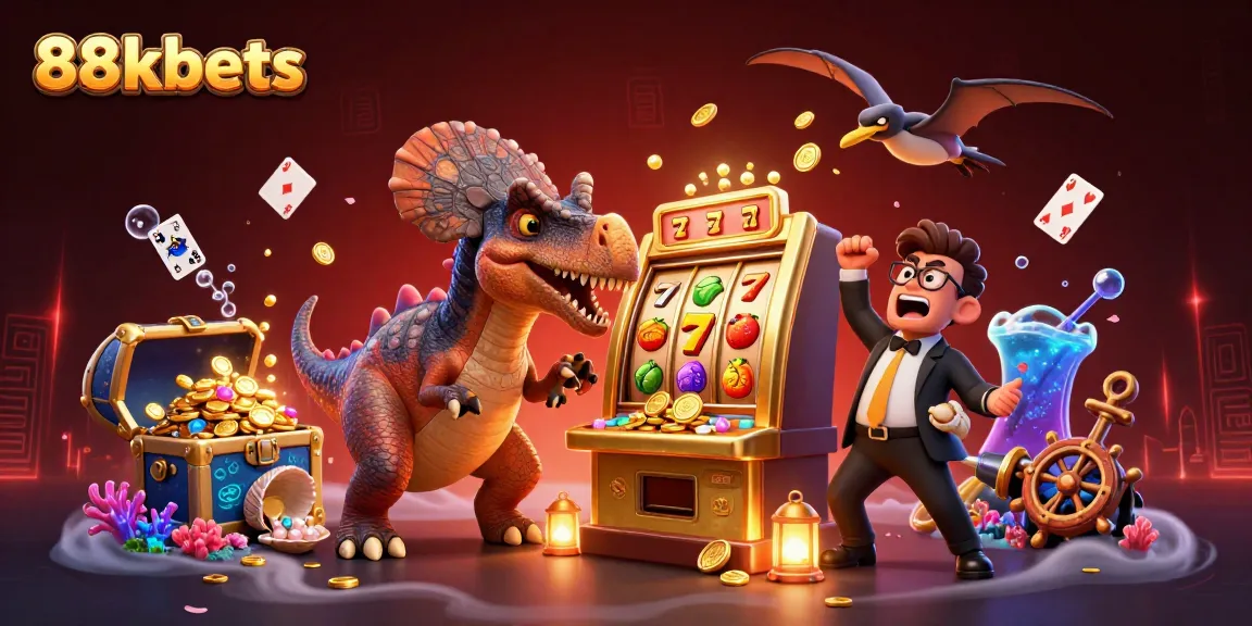 88kbets: A pachycephalosaurus celebrating a jackpot in a vibrant casino scene with coins and slot elements.