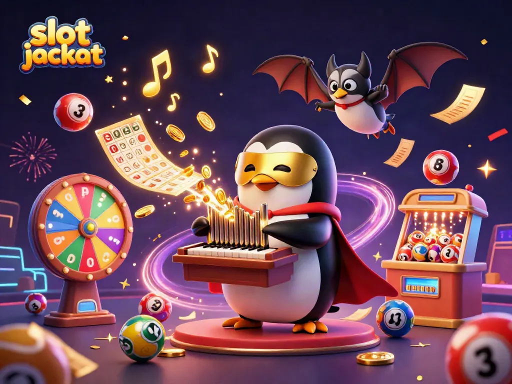 Experience an exciting slot jackpot scene with a penguin organist, colorful elements, and dynamic fireworks.