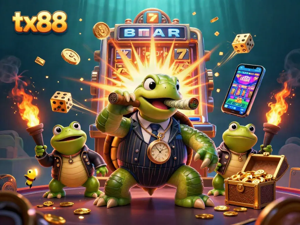Experience thrilling tx88 wins with cartoon turtle mobster and bullfrog enforcers in vibrant casino scene.