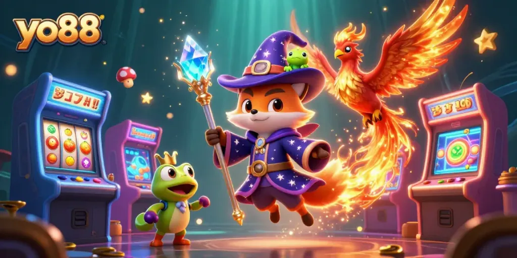 Experience thrilling gameplay at yo88 with a magical scene featuring a wizard and phoenix amidst vibrant casino elements.