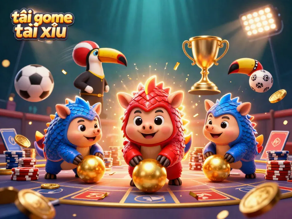 Engage with the thrilling world of tài xỉu, featuring a colorful 3D casino scene with pangolins and sports elements.