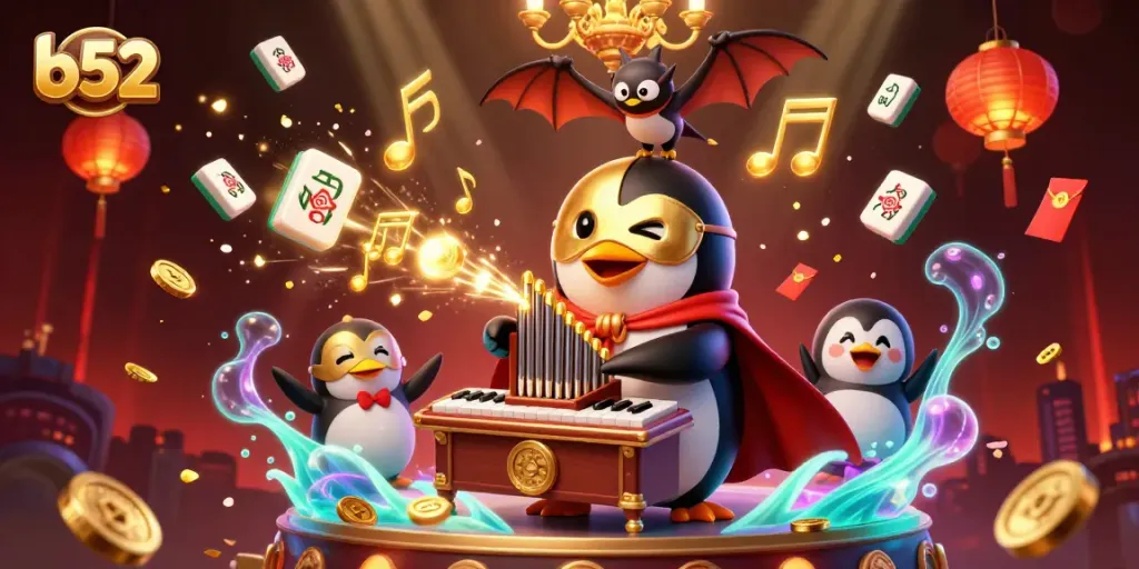 Experience winning vibes at b52 casino with a dynamic 3D scene featuring a whimsical penguin and vibrant elements.
