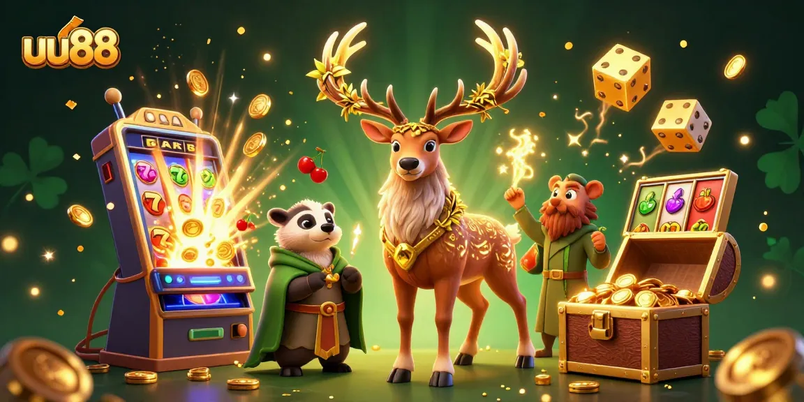 Experience thrilling wins at uu88 with dynamic slots and vibrant casino elements in this detailed 3D illustration.