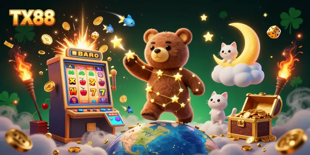 Engage with TX88 casino excitement as a constellation bear scoops coins while dynamic slot elements soar.