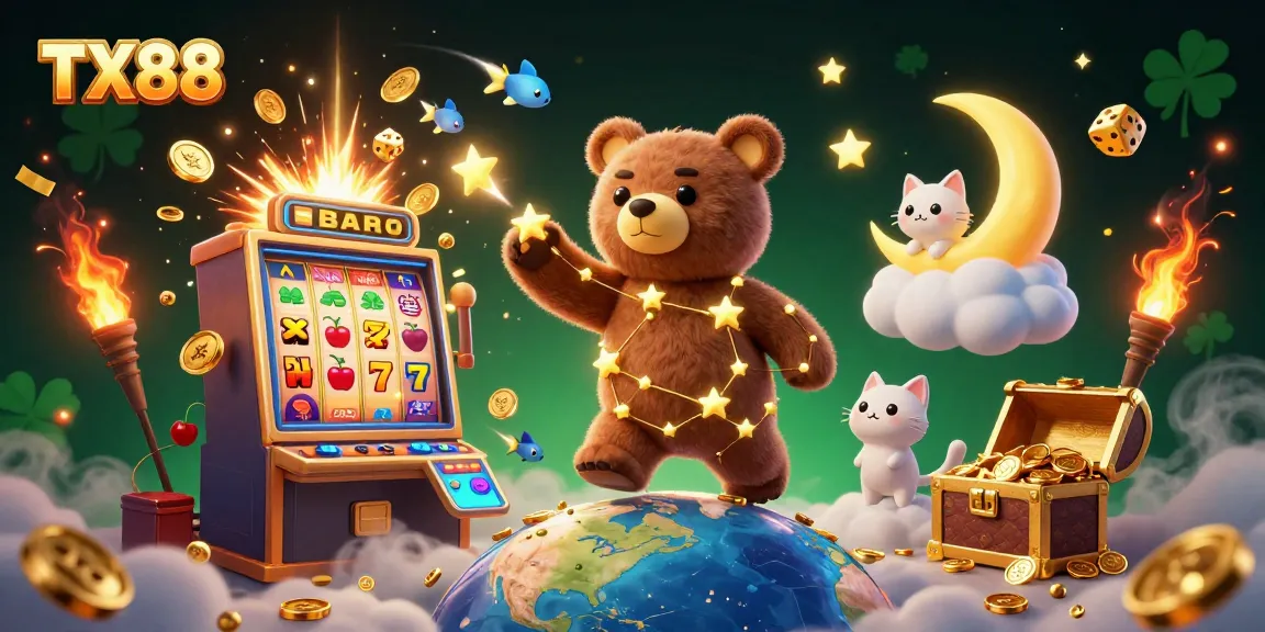 Engage with TX88 casino excitement as a constellation bear scoops coins while dynamic slot elements soar.