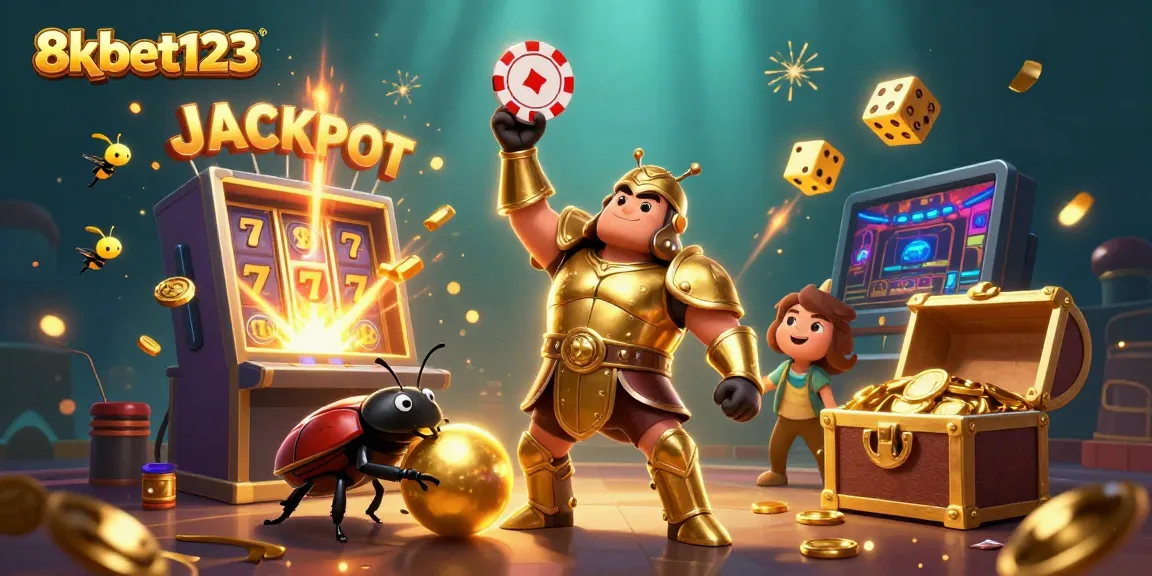 Spin the reels of excitement with 8xbet123, featuring a victorious beetle and jackpot elements.