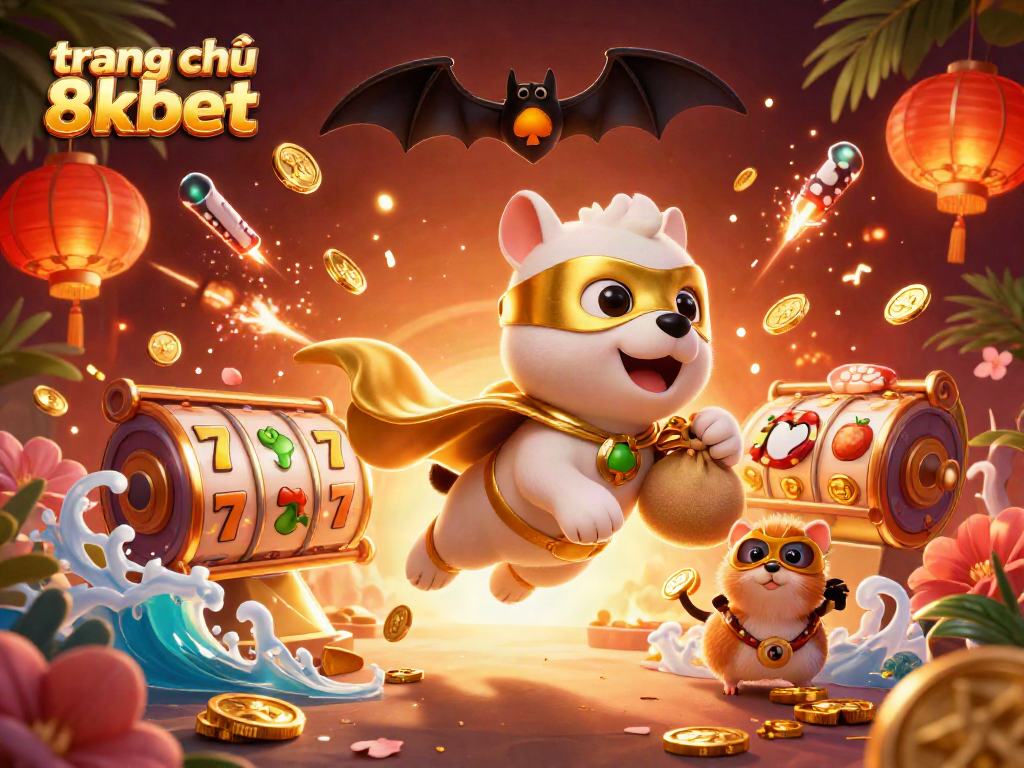 Engage with the dynamic world of trang chủ 8xbet as our superhero dog saves the day, surrounded by casino treasures.