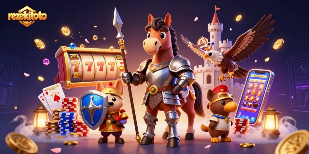 Experience the excitement of rezekitoto with a dynamic scene featuring a knight, puppy, and falcon among slot reels.