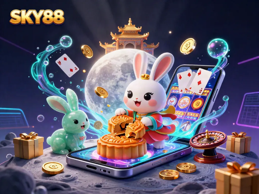 Win big with SKY88's vibrant casino-themed 3D illustration featuring a moon rabbit and casino elements.