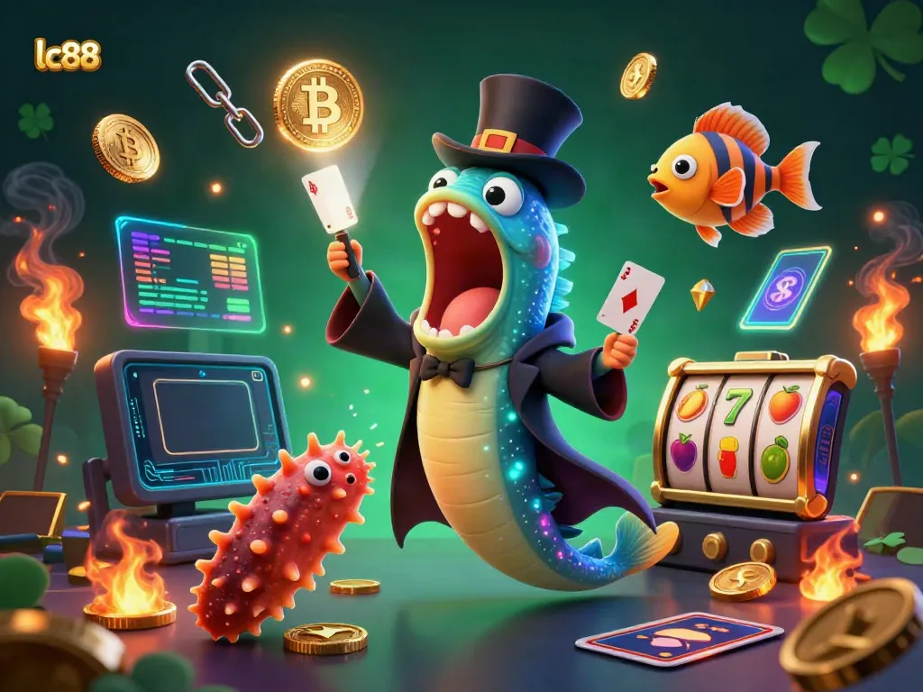 Engaging lc88 casino scene with animated characters performing at a colorful game table filled with crypto elements.