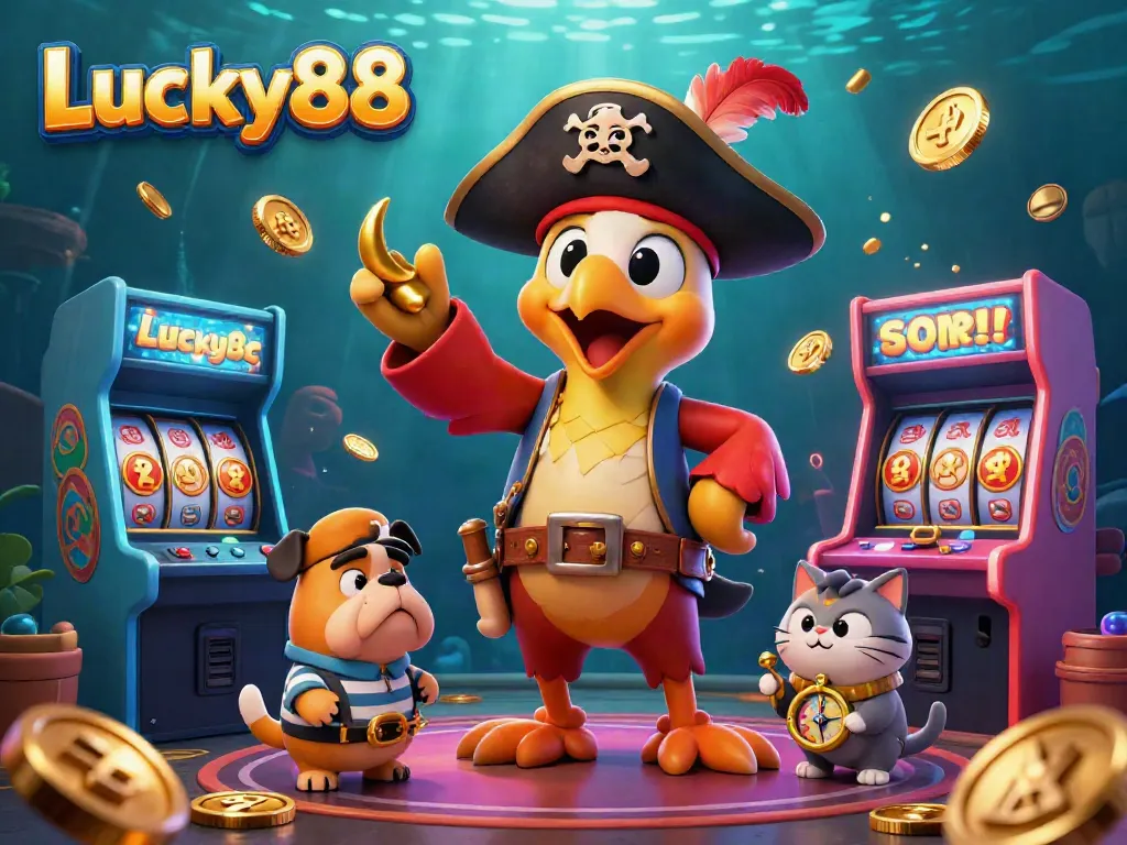 Engage in the thrilling gaming experience at Lucky88 with an animated pirate adventure in a colorful casino.