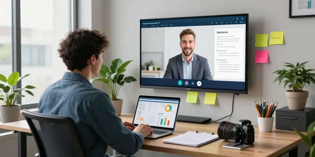 Modern office scene illustrating a professional using istana404 to discuss innovation strategies with digital tools.