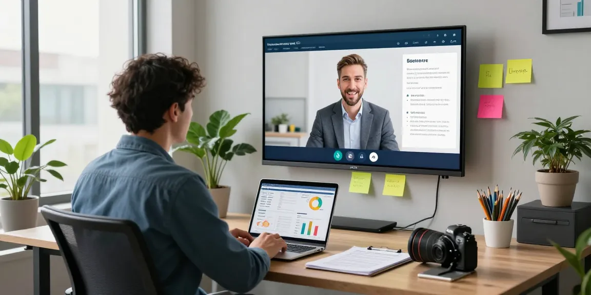 Modern office scene illustrating a professional using istana404 to discuss innovation strategies with digital tools.