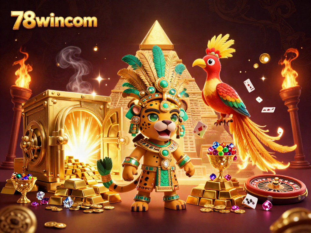 Experience the thrill of 78wincom with a vibrant casino illustration featuring ancient Mayan elements.
